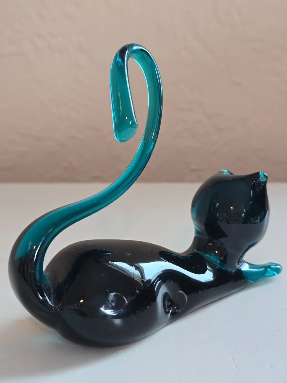 Vintage Hand Blown Glass Cat Figurine Teal/Dark Blue Black